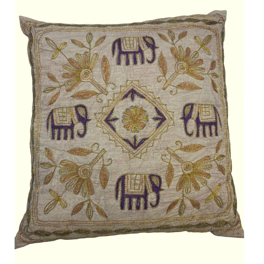 Indian‎ Embroidered Elephant Cotton Pillow Cover Boho Gold Purple 15x15